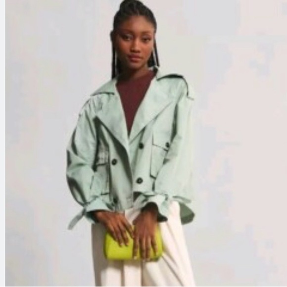 Anthropology Mint Green/Light Turquoise Cropped Trench Jacket Women’s L - Picture 3 of 9